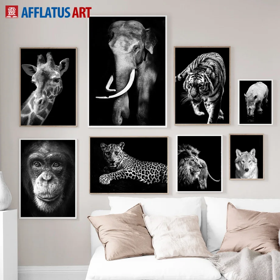 Черно-белый слон, обезьяна, тигр, жираф, настенная живопись на холсте, скандинавские плакаты и принты, настенные картины для декора гостиной