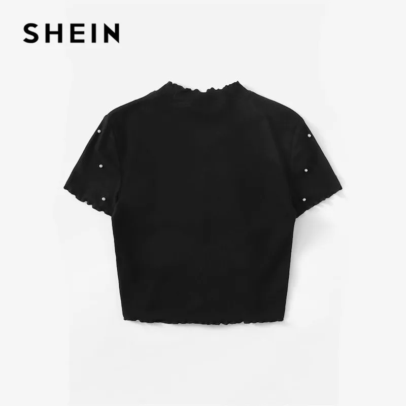 SHEIN модная женская футболка с воротником-стойкой, украшенная жемчугом и бусинами, элегантные летние женские Топы с коротким рукавом