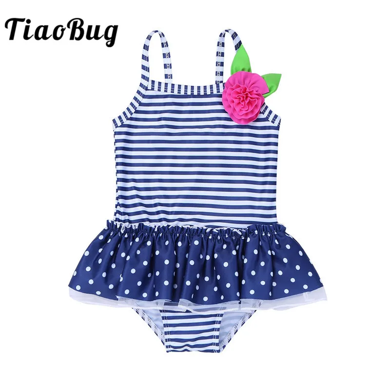 

TiaoBug Baby Girls One-piece Striped Flower Polka Dots Swimsuit Swimwear Children Kids Spaghetti Straps Bathing Suit Beachwear