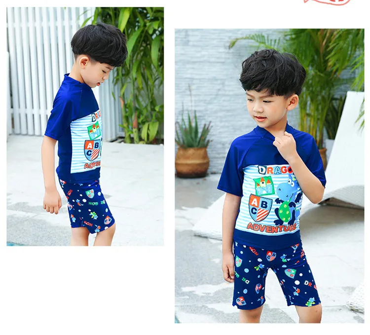 Детский купальный костюм для мальчика, комплект из двух предметов и шапочка для плавания, рубашка с короткими рукавами и шорты, детская синяя пляжная одежда, купальные костюмы