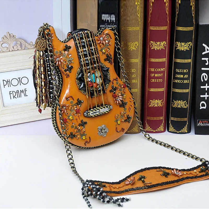 

Bolsas Feminina Polyester Hard Real Bolsos Mujer 2018 New Retro Ethnic Style Handbag Luxury Handmade Beaded Personalized Violin