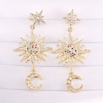 

3Pairs, Rainbow Gold Color Star/ Crescent Party Drop Dangle Earring, Micro Pave CZ Colorful Earring