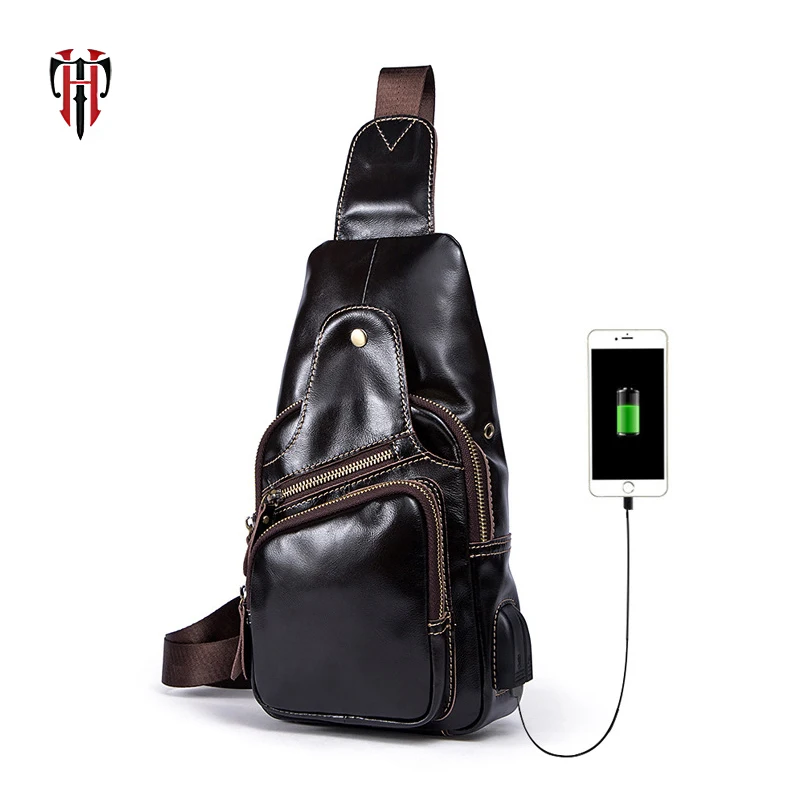  TIANHOO 100% bolsos de cuero genuino para hombres teléfono inteligente puerto de carga usb bolsa de