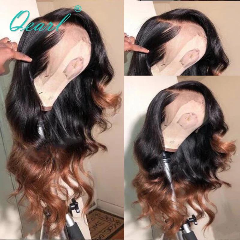 

Deep Long Side Parting Brazilian Lace Front Human Hair Wigs PrePlucked ombre black brown color Remy Wavy Glueless Wig Qearl