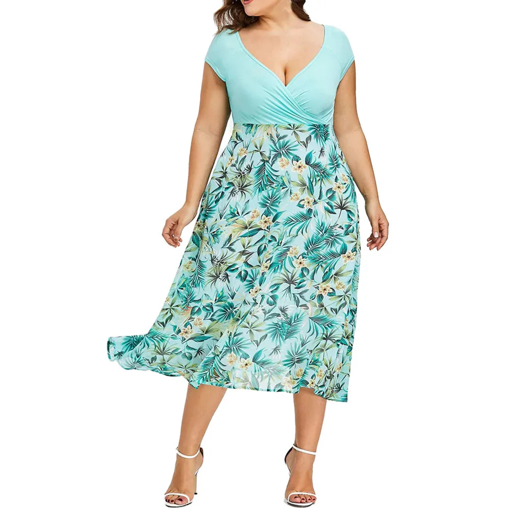 

JAYCOSIN Plus Size Floral Print Chiffon Panel Big Swing Dress Summer Short Sleeve Deep V Neck Sexy Women Party Boho Dresses 419Z