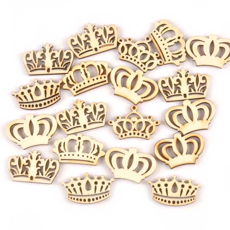 

50pcs Wood Slices Natural Mix Crown Pattern Home Decoration Wooden Embellishment For Scrapbookings DIY Carfts 21x32mm M1804