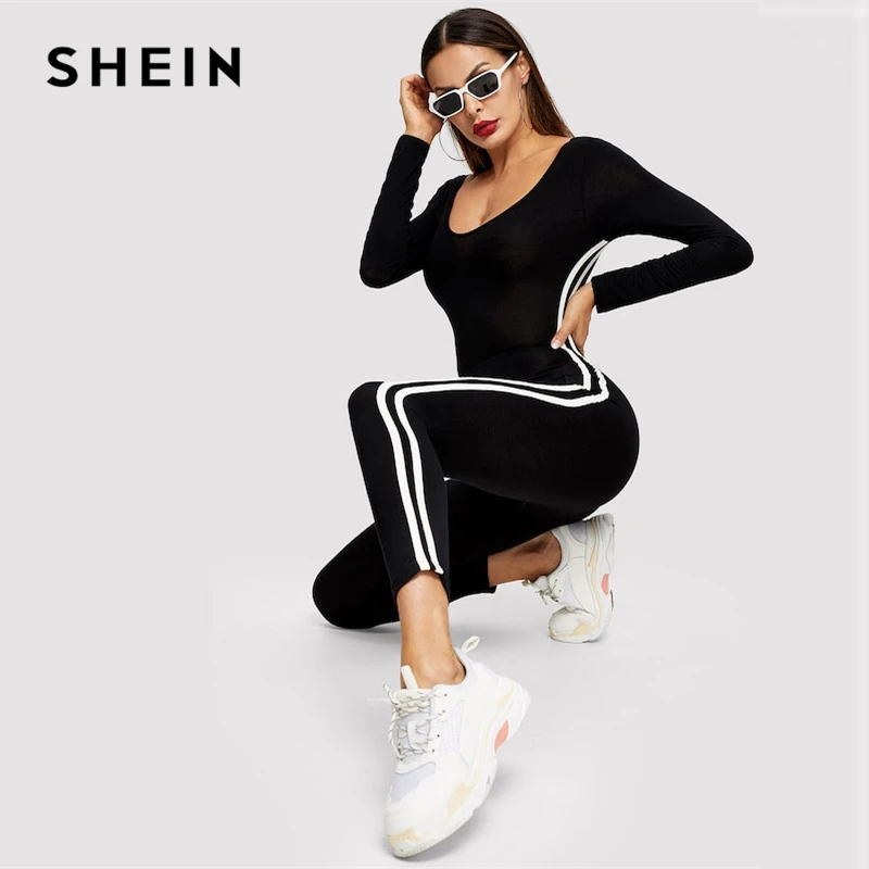 SHEIN Комбинезон В Полоску С Открытой Спиной Женский Черный Спортивный Длинными