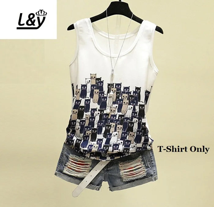 

L&Y Fashion Cat Print Chffion Vest T Shirt Summer 2019 New Arrivals Elegant O Neck Sleeveless Plus Size BTS Top Tshirt Women