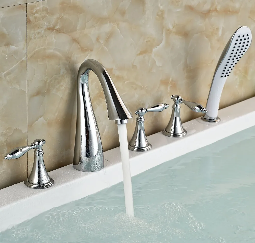 

Deck Mount Bathtub Mixer Faucet Set Widespread Tub Shower Faucet with Handheld Shower Chrome Finish