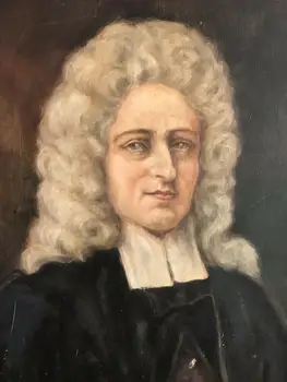 

Old artist's handmade antique oil painting on canvas: portrait of 18th century gentleman wig Perveig Peruk