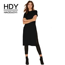 HDY Haoduoyi осень весна Длинная хлопковая футболка с разрезом для женщин Однотонная женская черная /белая футболка свободного кроя с коротким рукавом Длинный топ с о-образным вырезом Повседневный уличный стиль