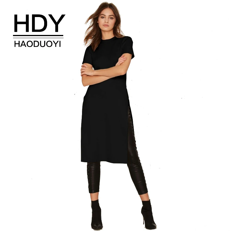 HDY Haoduoyi 2019 осень весна Длинная хлопковая футболка с разрезом для женщин
