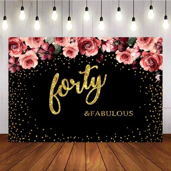 

NeoBack Fifty And Fabulous Backdrop Black Gold Red Floral Photography Background 50th Birthday For Elegant Lady Photo Backdrops