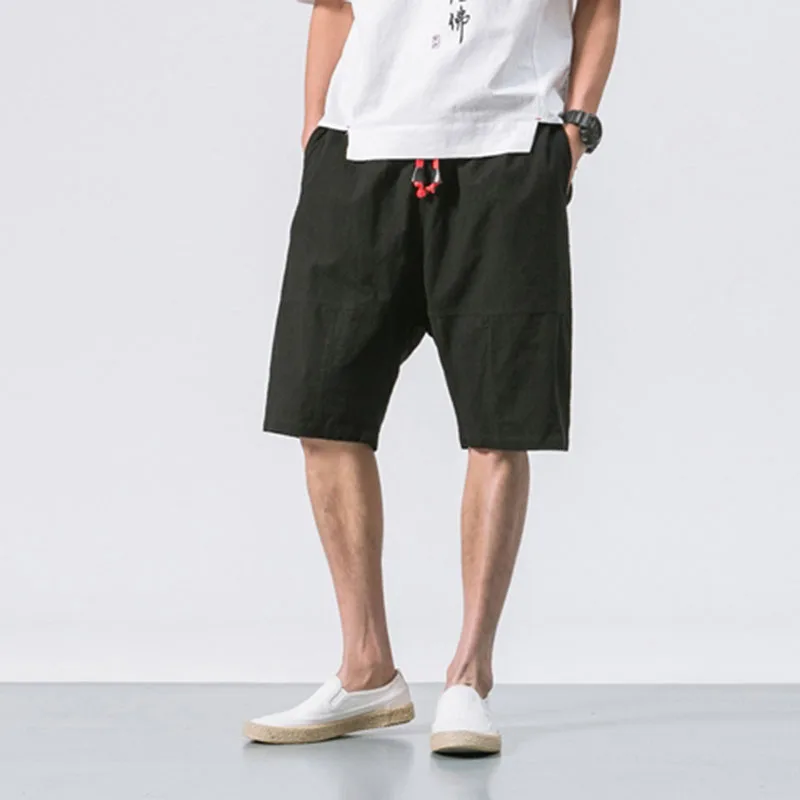 MRDONOO летние мужские свободные льняные шорты в китайском стиле, короткие брюки до колен, мужские Бермуды, повседневные пляжные шорты B375-K64 - Цвет: Черный