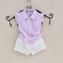 Летняя блузка для маленьких девочек-подростков от 3 до 15 лет хлопковые школьные топы и блузки в полоску без рукавов с бантом для девочек, рубашки для детей, JW2252