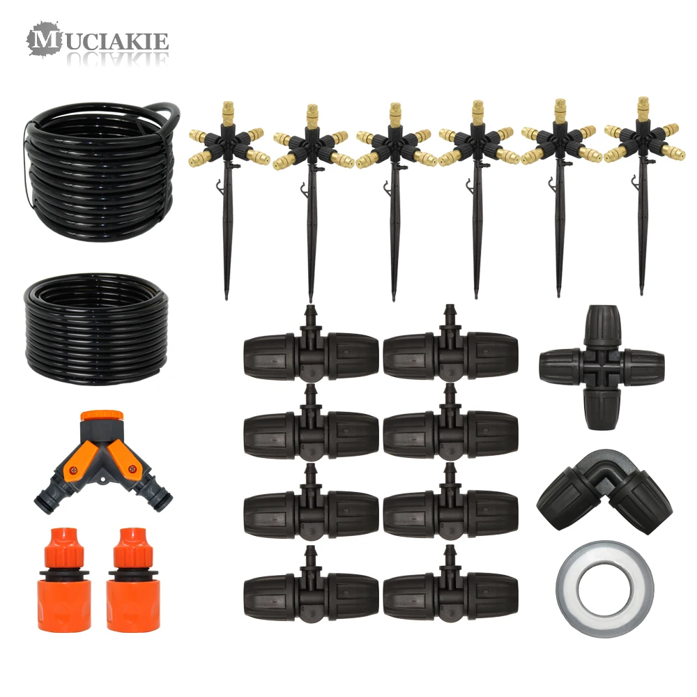 

MUCIAKIE 15M 8/11MM Main Line Garden Watering Sprinkler System 3/8'' to 1/4'' Misting Kits 5-Head Copper Nozzle on Stake Cooling