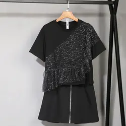 Женский костюм большого размера, черная футболка с заклепками и кисточками + короткие мини-брюки, лето 2019, уличная мода, комплект из двух