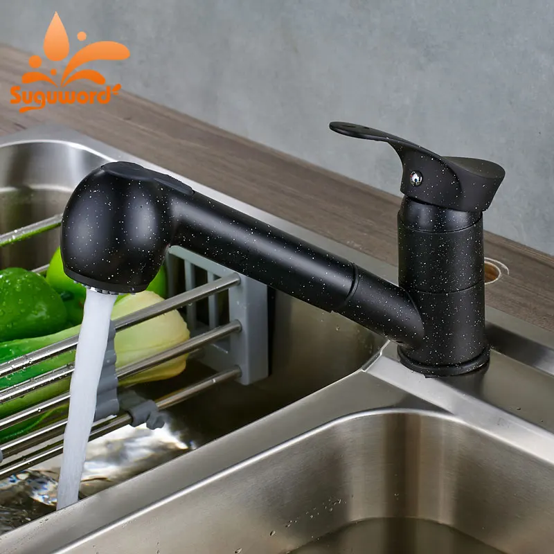 

Suguword Chrome or Black with Dot Basin Faucet Pull Out Spout Hot and Cold Switch Bathroom Sink Mixer Tap