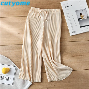 Summer Girl Wide Leg Pant Toddler Kids Casual Loose Trouser Child Pleated Chiffon Pants Teenage Girls Clothing Leggings 12 13 14 - Color: Beige