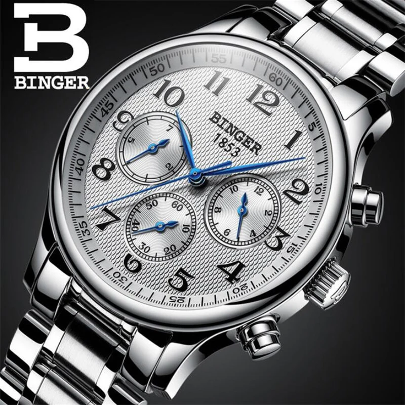 

Switzerland BINGER Automatic Mechanical Watch Silver digital dial Men Water Resistant Vintage Steel Date Top Business Male Watch