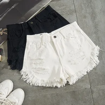 

2018 Fashion New Summer Women White Denim Shorts Sexy Hole Ripped Mini Jeans Shorts Women Streetwear Tassel High Waist Shorts