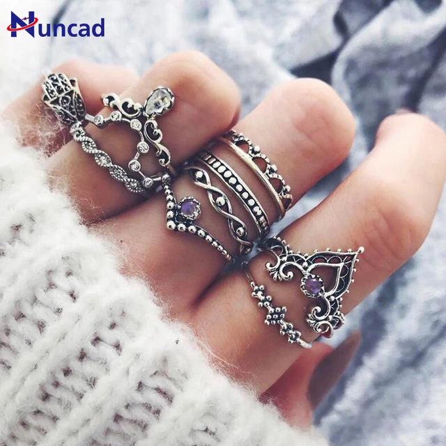 2017 Vintage Purple Stone Ring Set Hollow Out Rings Crown Knuckle Ring for Women 2017 Vintage Purple Stone Ring Set Hollow Out Rings Crown Knuckle Ring for Women
