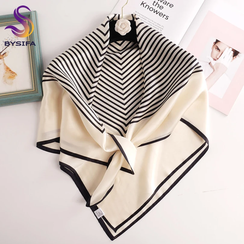 [BYSIFA] женский черно-белый полосатый шарф, модный бренд, роскошный шелковый шарф, 90*90 см, большие квадратные шарфы