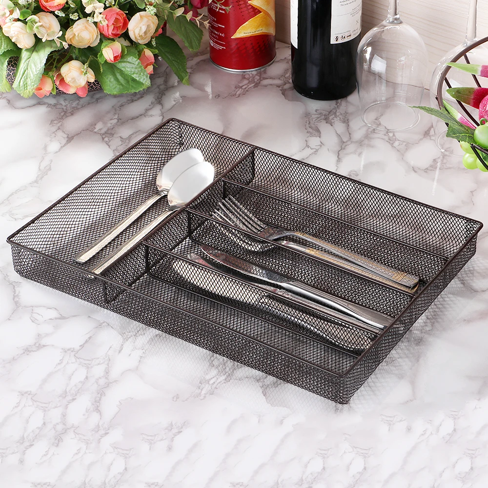 

5-Compartments Mesh Metal Forks Spoons Knives Utensil Storage Basket Holder Cutlery Flatware Tray Organizer Desktop Organizer