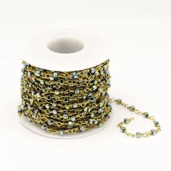 

3mm,Smooth Yellow Green Plated Natural Hematite Cube Beads Bracelet,Wire Wrapped Golden Brass Links Square Beads Chains