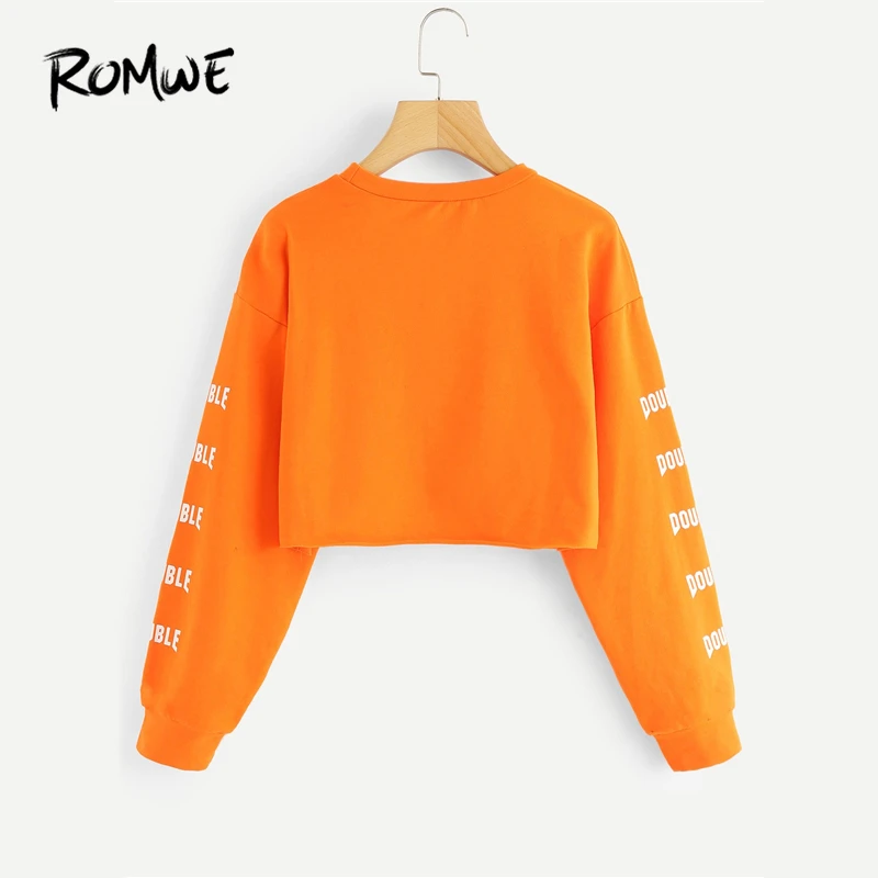 ROMWE, оранжевая футболка с буквенным принтом, Женская Повседневная Осенняя новая дизайнерская одежда с круглым вырезом и длинным рукавом, весенний женский пуловер