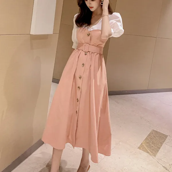 

La MaxPa Half Sleeve Cotton Office Dress Women 2019 Summer Dress A-Line Patchwork Women Dress Puff Sleeve V-Neck Midi Dress