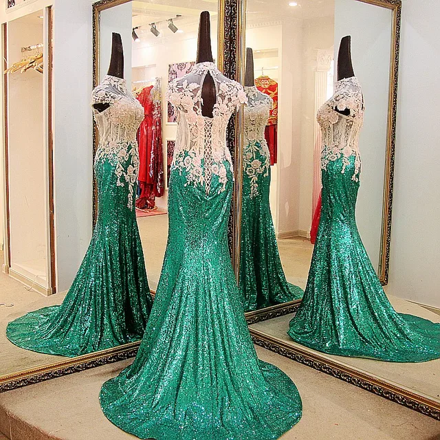 LS67741 Shiny long sequin gown long high neck mermaid evening gown capsleeves corset back sexy green long prom dress 2