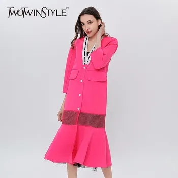 

TWOTWINSTYLE V-neck Long Trench Coat Female Patchwork Mesh Ruffle Mermaid Women's Windbreaker Casual Clothes Korean Large Size