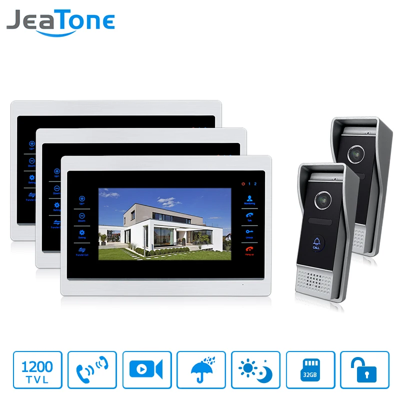 JeaTone Wired 7 \ Touch-Button Video Door Phone 2 Night 1200TVL Cameras with 3 Monitor Video Intercoms for a Private House