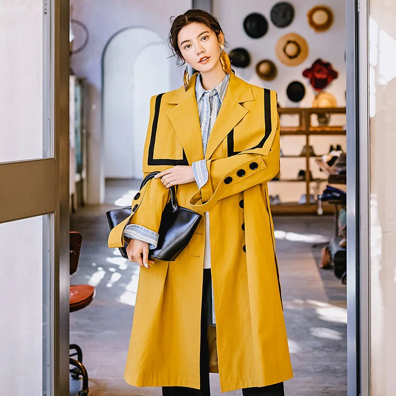 ZURICHOUSE, весеннее длинное пальто для женщин, модное, с темно-синим воротником, дизайн, двубортное, с поясом, желтый Тренч, свободный крой
