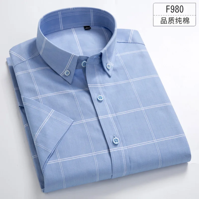 Baratos De talla grande 5XL 6XL 7XL 8XL Pure Solid Color Plaid 100% algodón Delgado manga corta hombres camisa Casual moda ajuste Delgado blanco azul