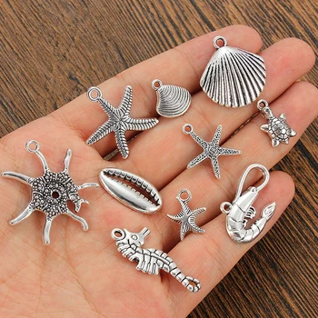 

30pcs Mixed Antique Silver color Shell Starfish Sea Ocean Beads Charm Pendants Fit European Bracelet Jewelry Making Findings