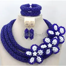 Сказочные индийские свадебные украшения набор Королевский синий/белый нигерийский Свадебный Африканский бисер комплект ювелирных изделий 3 ряда AIJ952