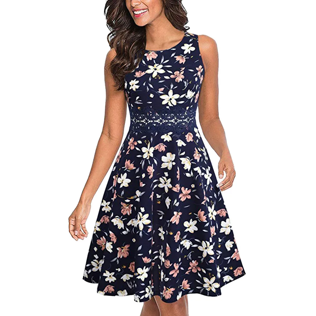 

Feitong 2018 Women's Sleeveless Print Cocktail A-Line Embroidery Party Wedding Guest Dress