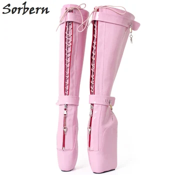 

Sorbern Sexy Pink Shiny No Heel Platform Bootie Women Extreme Hi Heel Keys Locking Zip Beginner Ballet Wedge Boots Fetish 2018