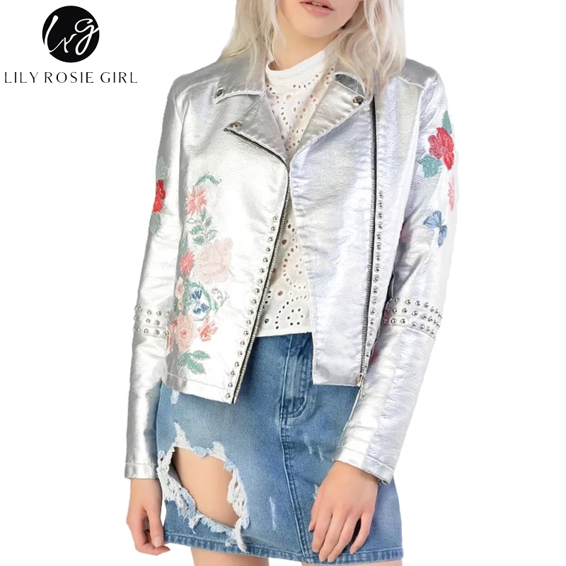 Koop Lelie Rosie Meisje Borduurwerk PU Lederen Jas Rits Zwart Zilver 2017 Herfst Winter Jas Vrouwen Jassen Streetwear Cool Bovenkleding