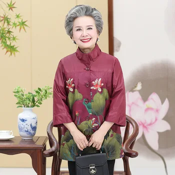

Elderly Women's Jacket Spring Autumn Short Fashion Coat Single-Breasted Seven-Point Sleeve Large Size Print Jackets Grandma Coat