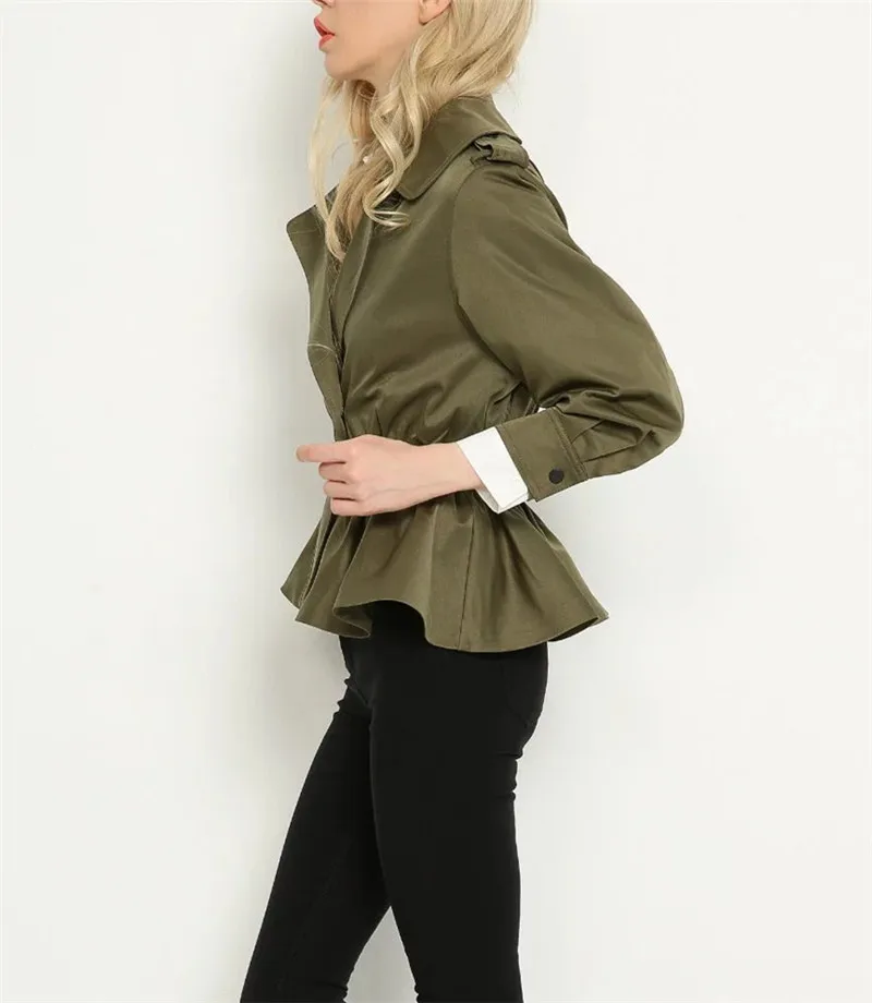 AKSLXDMMD, модный короткий Тренч, новинка, женский тонкий эластичный пояс, двойная пуговица, Короткие пальто, Armygreen, пальто для женщин, LH896