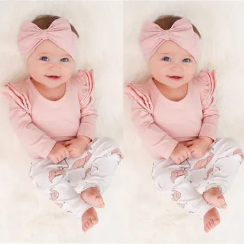 

Baby Girl Clothes Newborn Infant Pink Ruffle Long Sleeve Romper Tops Flamingo Print Pants and Headband 3Pcs Toddler Clothing Set