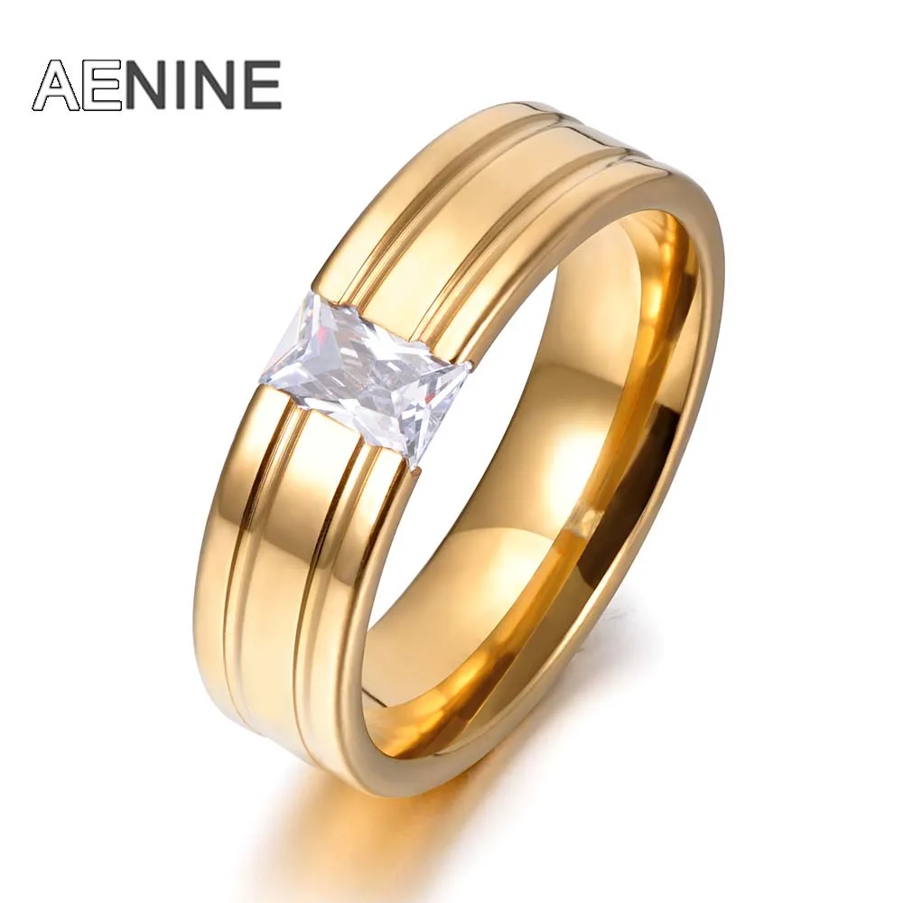 AENINE канальная застежка один CZ Кристалл Кольца Золото Цвет 316L нержавеющая сталь обручальное кольцо ювелирные изделия подарок R171490050G