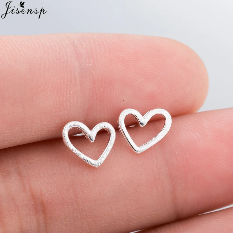 Jisensp Silver Jewelry Women Fashion Cute Tiny Hollow Heart Earrings