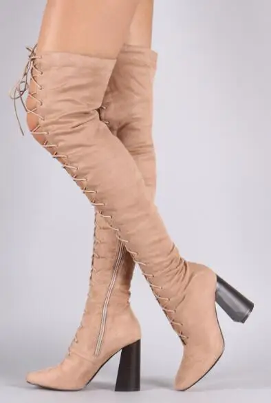 

Drop Shipping Woman Brand Army Green/Black/Nude/Brown Solid Color Cuts Out Cross Lace Up Front Rough Heels Over The Knee Boots