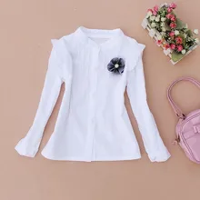 Осень 2-16yrs маленьких Белая Блузка для девочек детская одежда цветок хлопка рубашка с длинными рукавами для школы Топы корректирующие Детские рубашки jw0260a