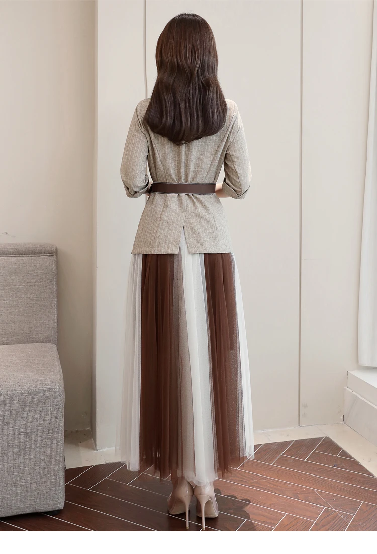 YASUGUOJI Новинка Модный Полосатый блейзер с сетчатая юбка в складку костюм комплект формальный Блейзер юбка комплект пиджак юбка костюмы для женщин