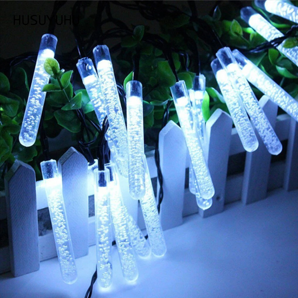 

HUSUYUHU Solar Bubble Icicles String Light Cylindrical Battery Supply Holiday Christmas Tree Garland Decorations LED Lighting